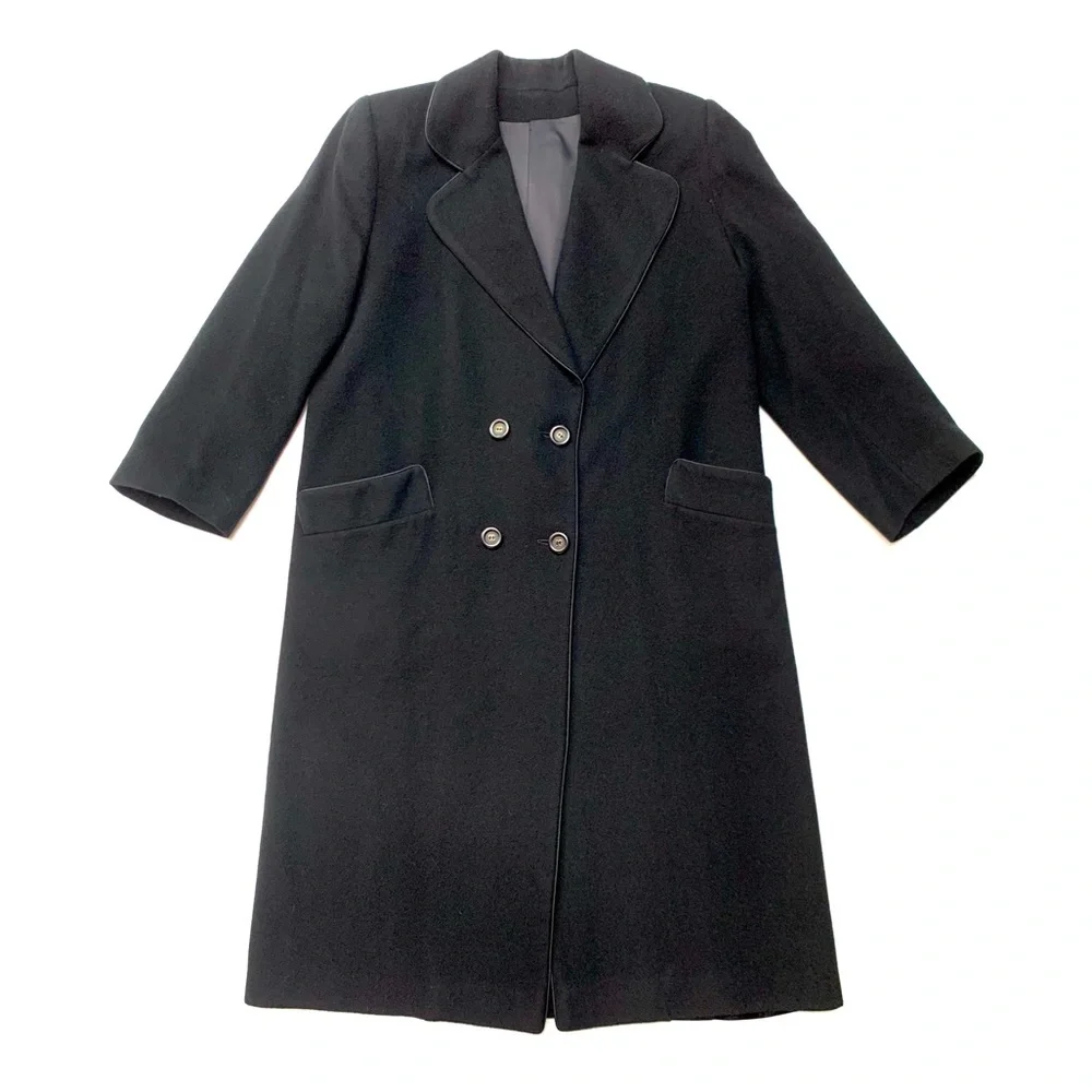Camel Hair Black Double Breasted Trench Full Length Pea Coat - Picture 1 of 16